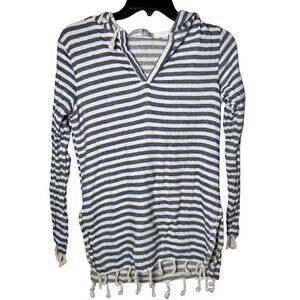 Turkish-T Women’s Size 2 Blue White Striped Hooded Tunic Tassel Fringe Top